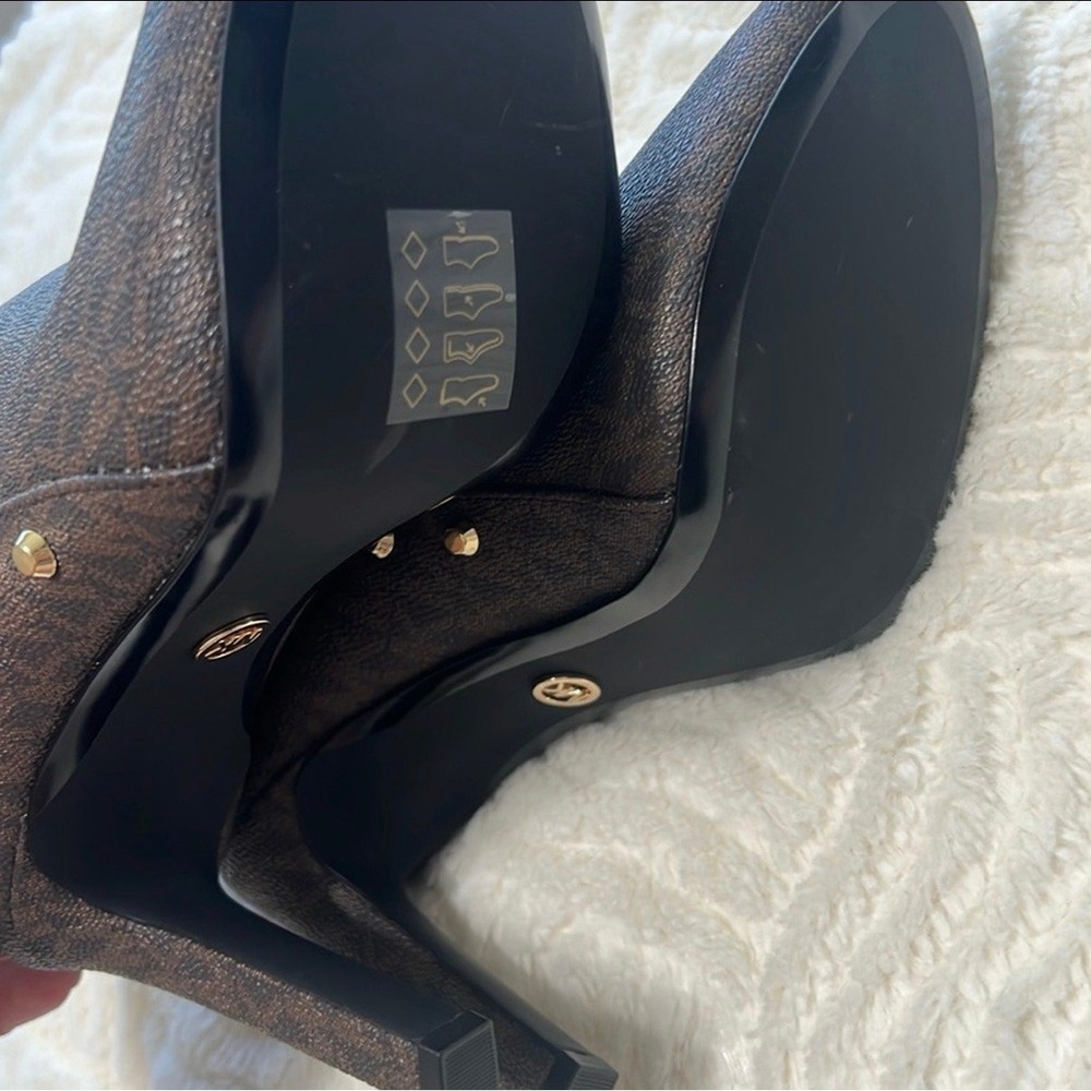 Michael Kors Logo Lawson Studded Heels – Brown Peep Toe Booties – Size 9M - Picture 10 of 12